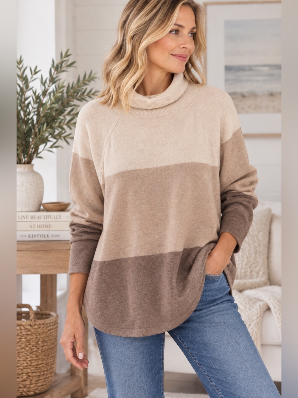 Jeanne Pierre XL 100% Cotton Colorblock Turtleneck Sweater Neutral